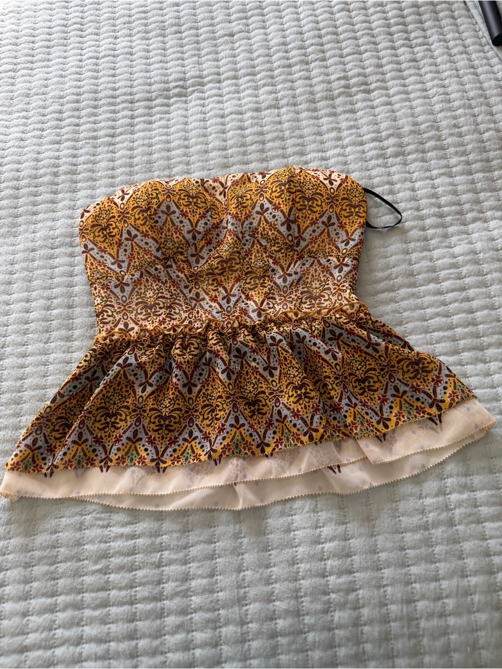 bebe Strapless Yellow and Ivory Patterned Peplum Camisole Preloved